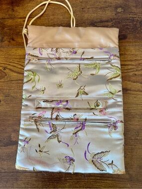 Vintage Butterfly Brocade Satin Jewelry Travel Roll Organizer 3 Zipper Pockets
